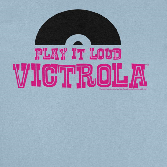 Victrola Half Vinyl Play it Loud Retro Record Company Mens T Shirt Light Blue