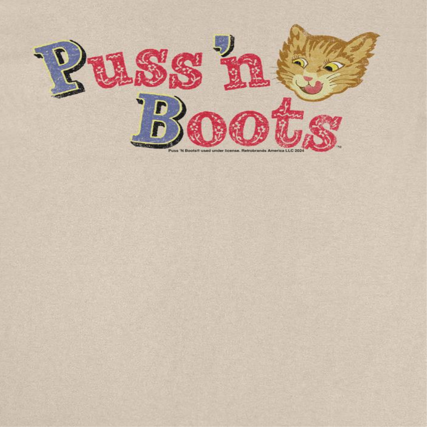 Puss n Boots Distressed Retro Branding Cat Food Mens T Shirt Sand