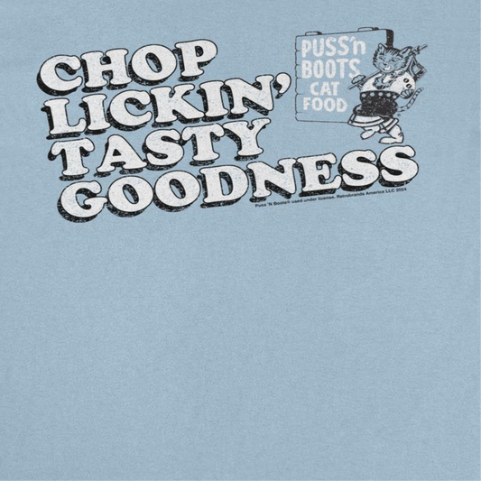 Puss n Boots Retro Cat Food Chop Lickin Mens T Shirt Light Blue