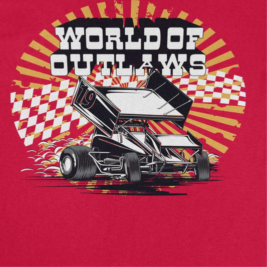 World of Outlaws Yellow Starburst Mens T Shirt Red