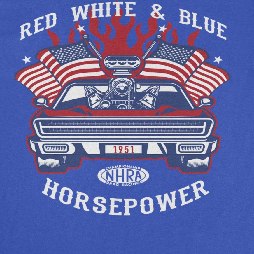 NHRA Red White and Blue Horsepower Mens T Shirt Royal Blue