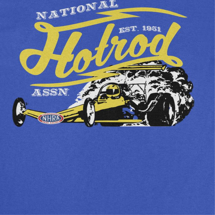 NHRA National Hot Rod Yellow Car Mens T Shirt Royal Blue