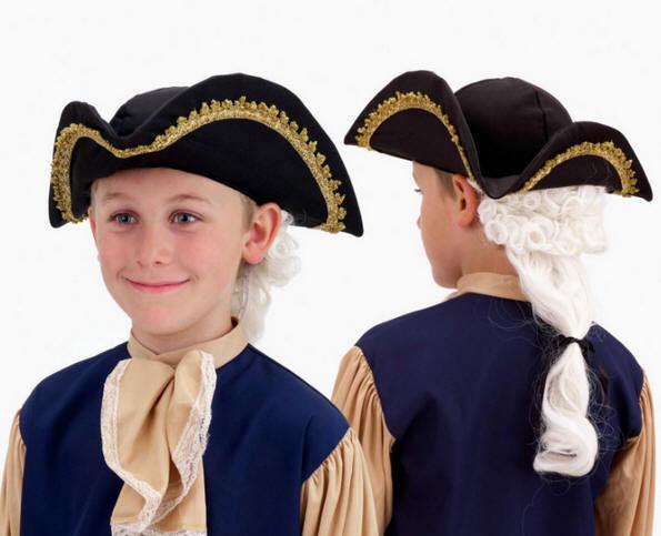 Child Tricorn Colonial Costume Hat with Attached White Wig