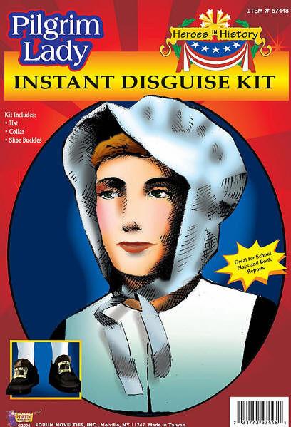 Pilgrim Lady Instant Disguise Costume Hat Collar Shoe Buckles Kit Thanksgiving