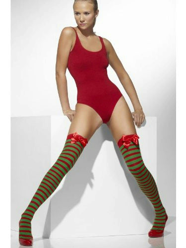Red & Green Opaque Striped Thigh Highs Hold-ups with Bow