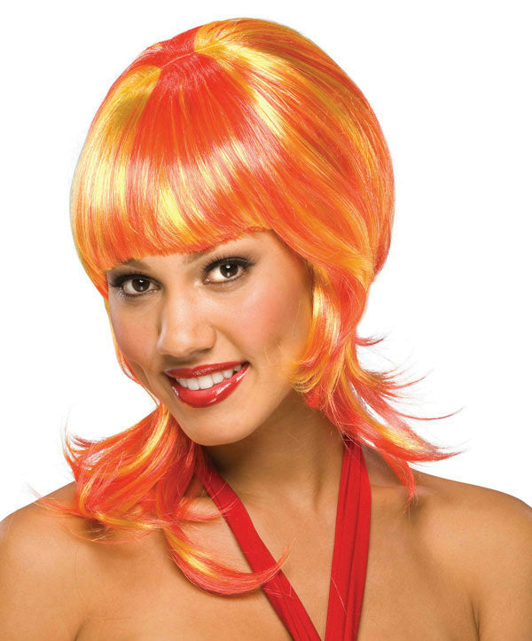 Orange and Yellow Oo La La Shoulder Length Shag Wig with Bangs