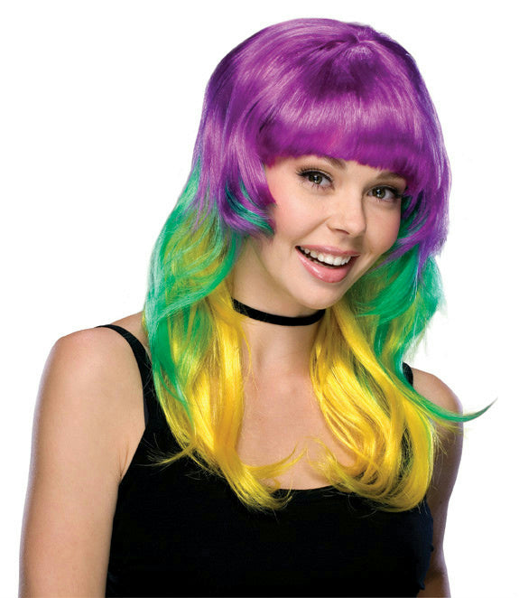 Mardi Gras Long Layered Multi Colored Wig with Bangs