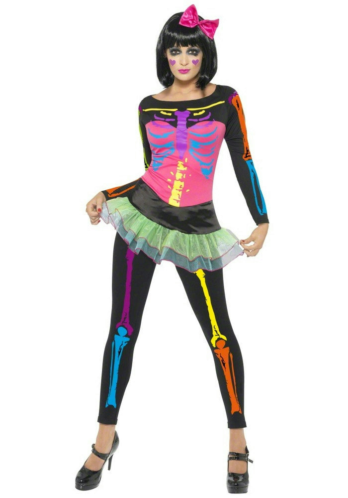 Neon Skeleton with Skirt Adult Costume Size MD 10-12