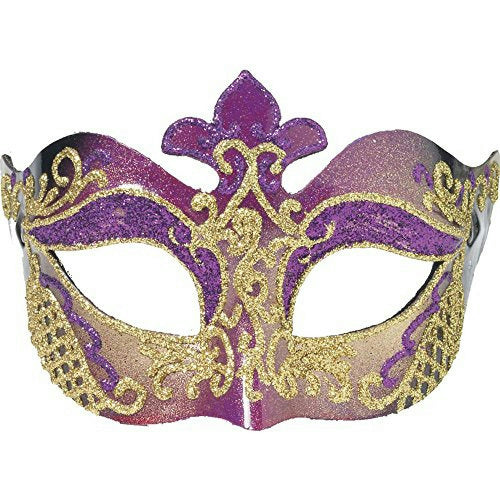 Purple and Gold Glitter Fleur de Lis Venetian Masquerade Mask with Eyeglass Arms