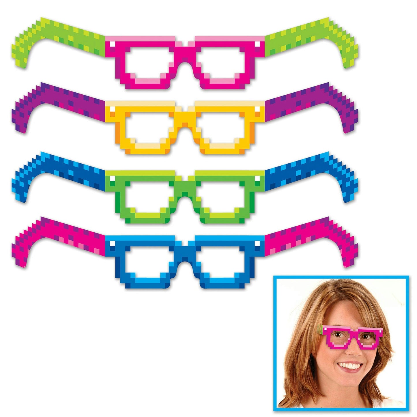 Neon Multicolored 8-Bit Paper Glasses 4 Pack