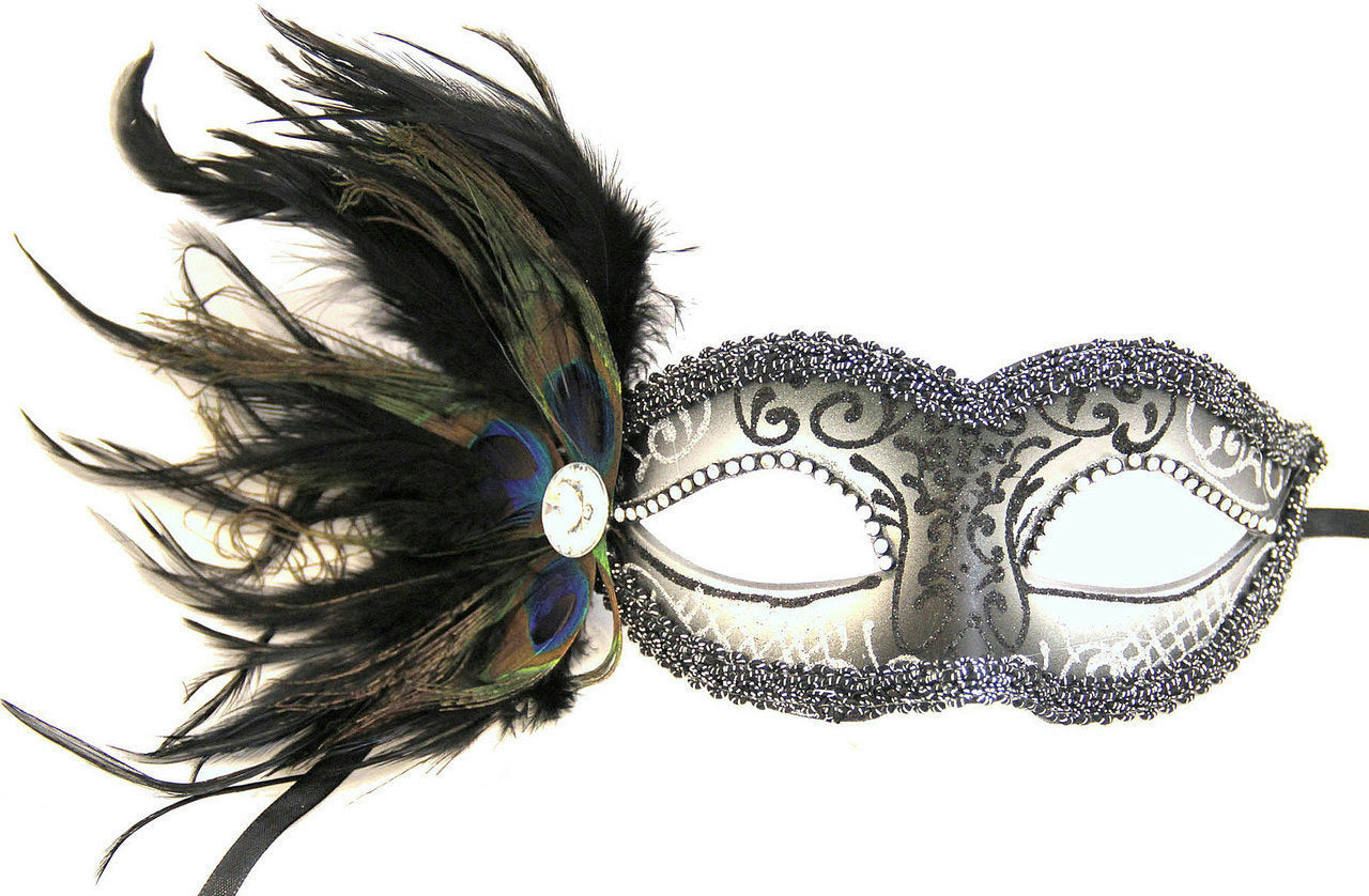 Silver Cipriani Venetian Masquerade Eye Mask with Feathers Rhinestones and Jewel