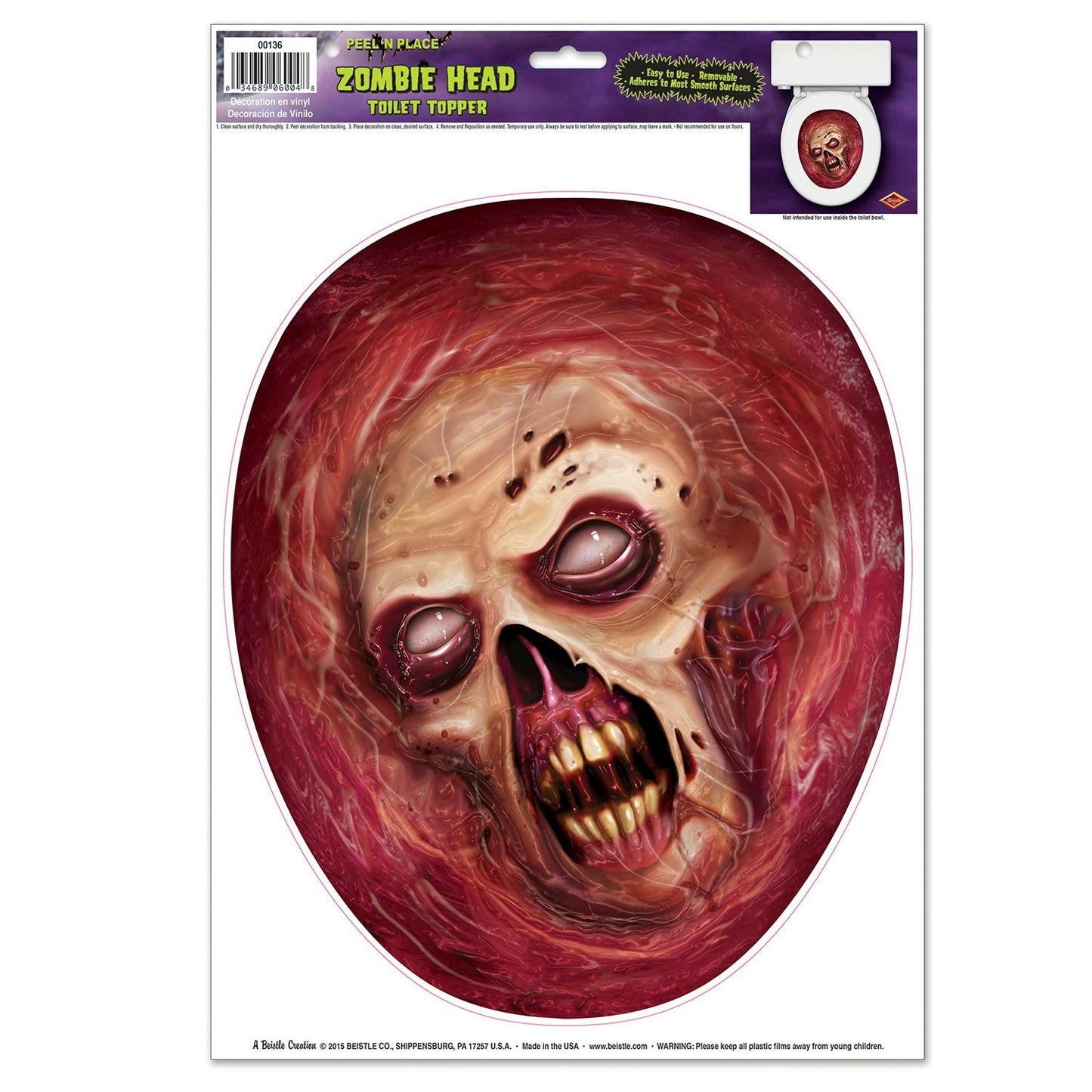 Peel 'N Place Bloody Zombie Head Toilet Topper Joke Gag