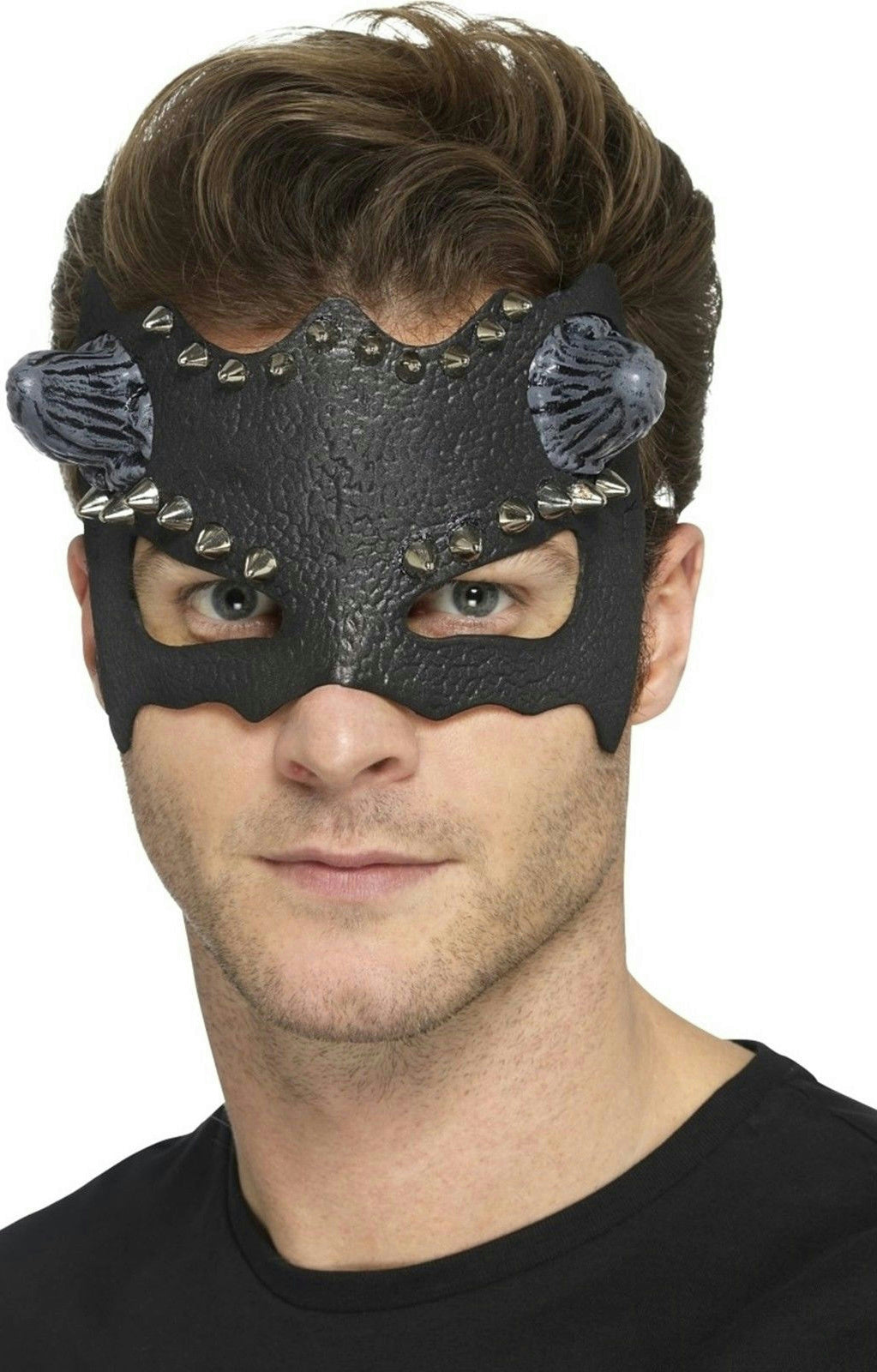 Smiffy's Black Devil Studded Eye Mask with Horns Adult Size Costume Face Mask