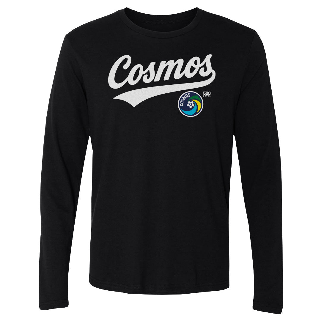 New York Cosmos Script WHT Mens Long Sleeve T Shirt 500 Level Officially Licensed Fan Gear