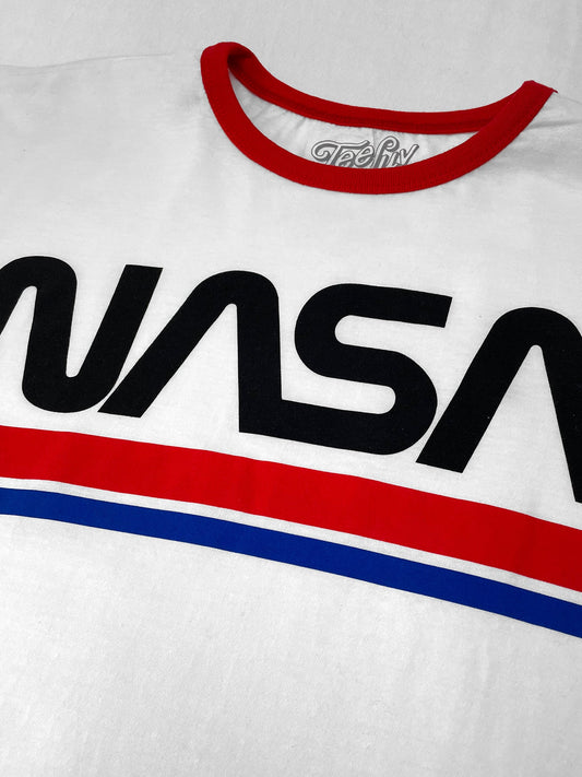 NASA Worm Logo Ringer Mens T Shirt White and Red