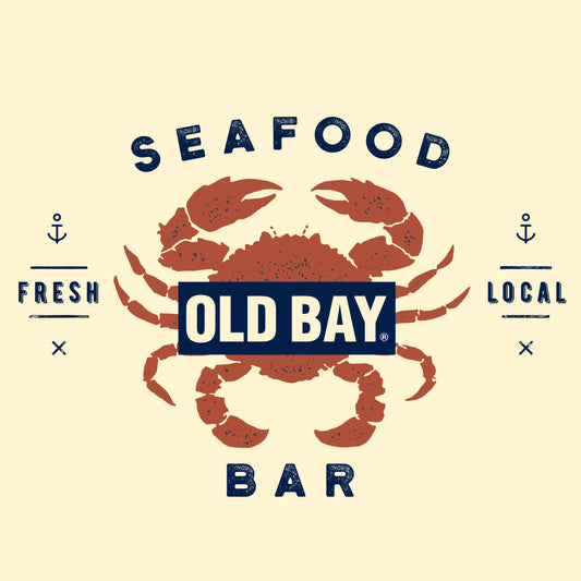 Old Bay Seafood Bar Lobster Logo Ringer Mens T Shirt Beige and Navy
