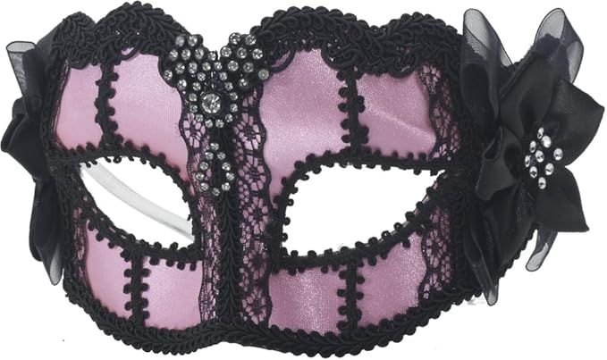 80s Pale Pink Black Lace Costume Venetian Eye Mask with Bows and Rhinestone