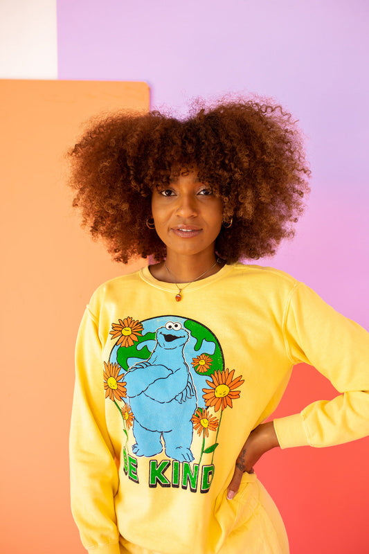 Sesame Sweatshirt Be Kind Cookie Monster Womens Crewneck Sweatshirt Yellow