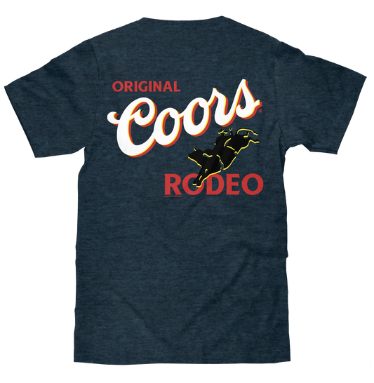 Original Coors Rodeo Cowboy Front and Back Print Mens T Shirt Denim Black Heather