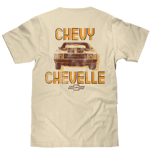 Chevy Chevelle Chevrolet Left Chest Front and Back Print Classic Car Mens T Shirt Cream