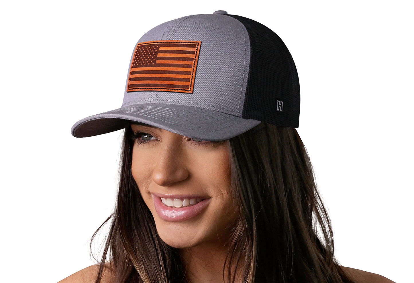 American Flag Trucker Leather Haka Hat Gray-Black USA Snapback