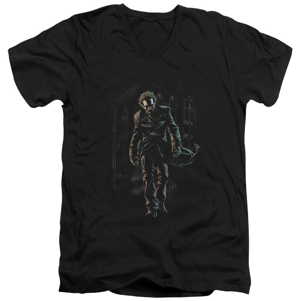 Batman Joker Leaves Arkham Mens Slim Fit V Neck T Shirt Black