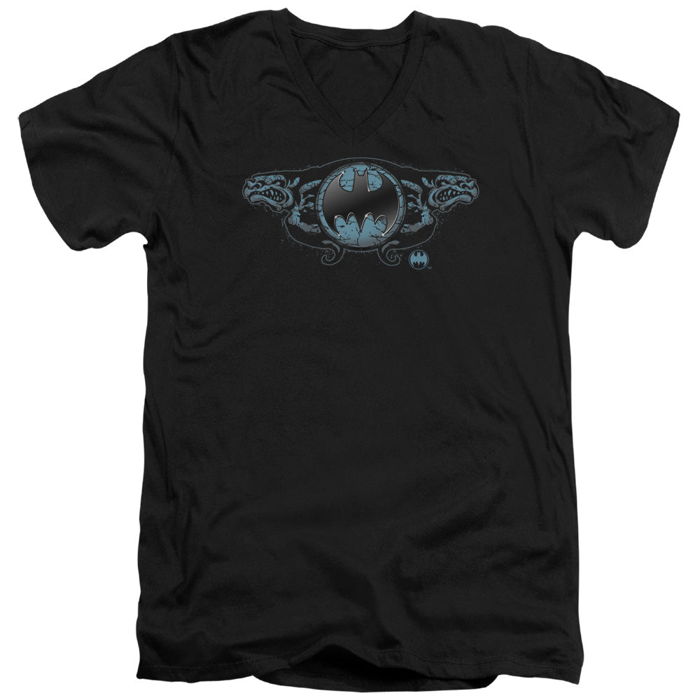 Batman Two Gargoyles Logo Mens Slim Fit V Neck T Shirt Black