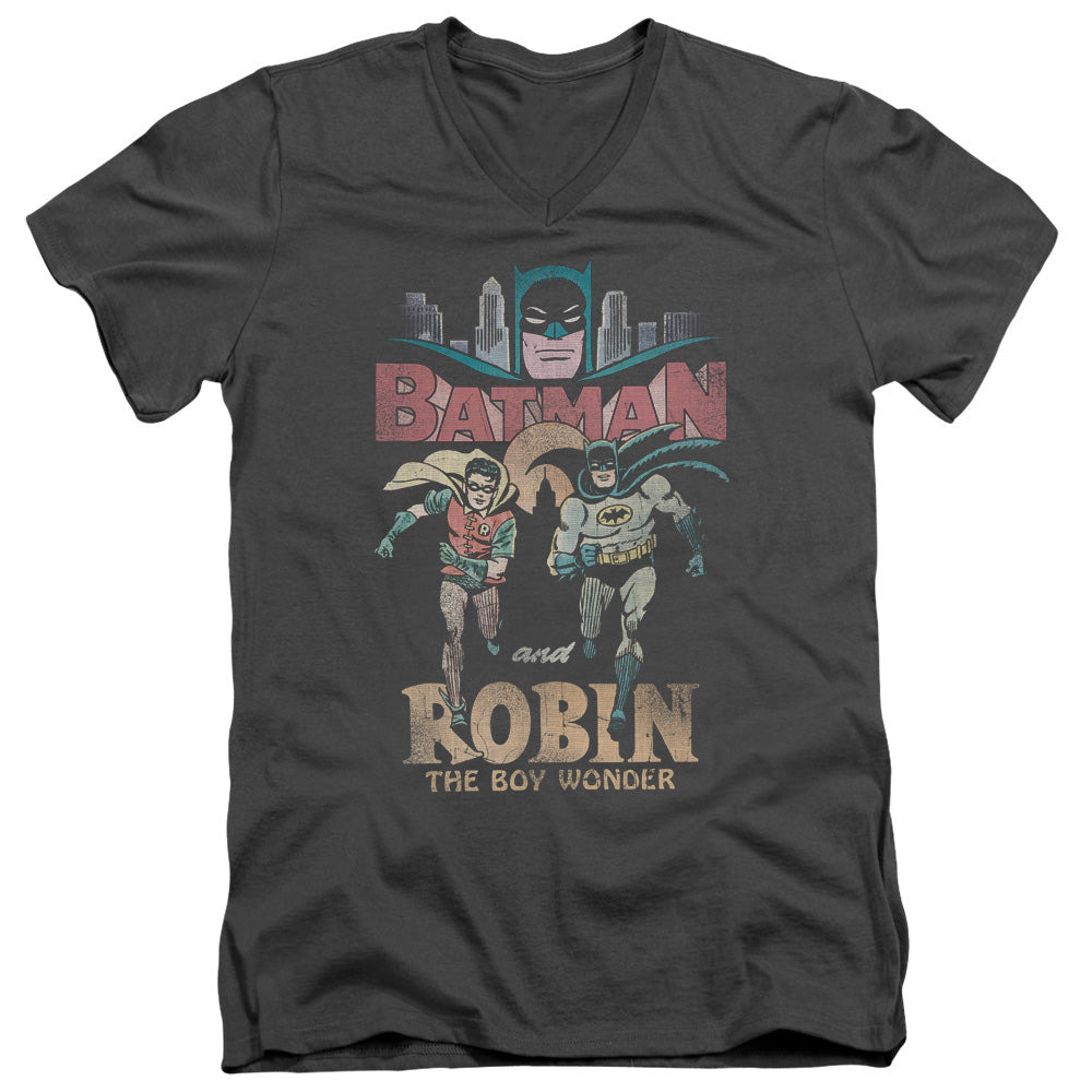 Batman Classic Tv Classic Duo Mens Slim Fit V Neck T Shirt Charcoal