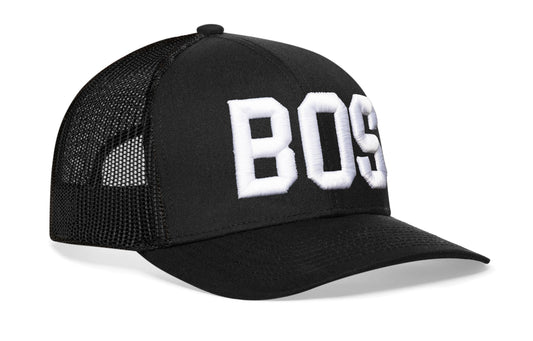 Boston White Block Trucker Haka Hat Black Massachusetts Snapback