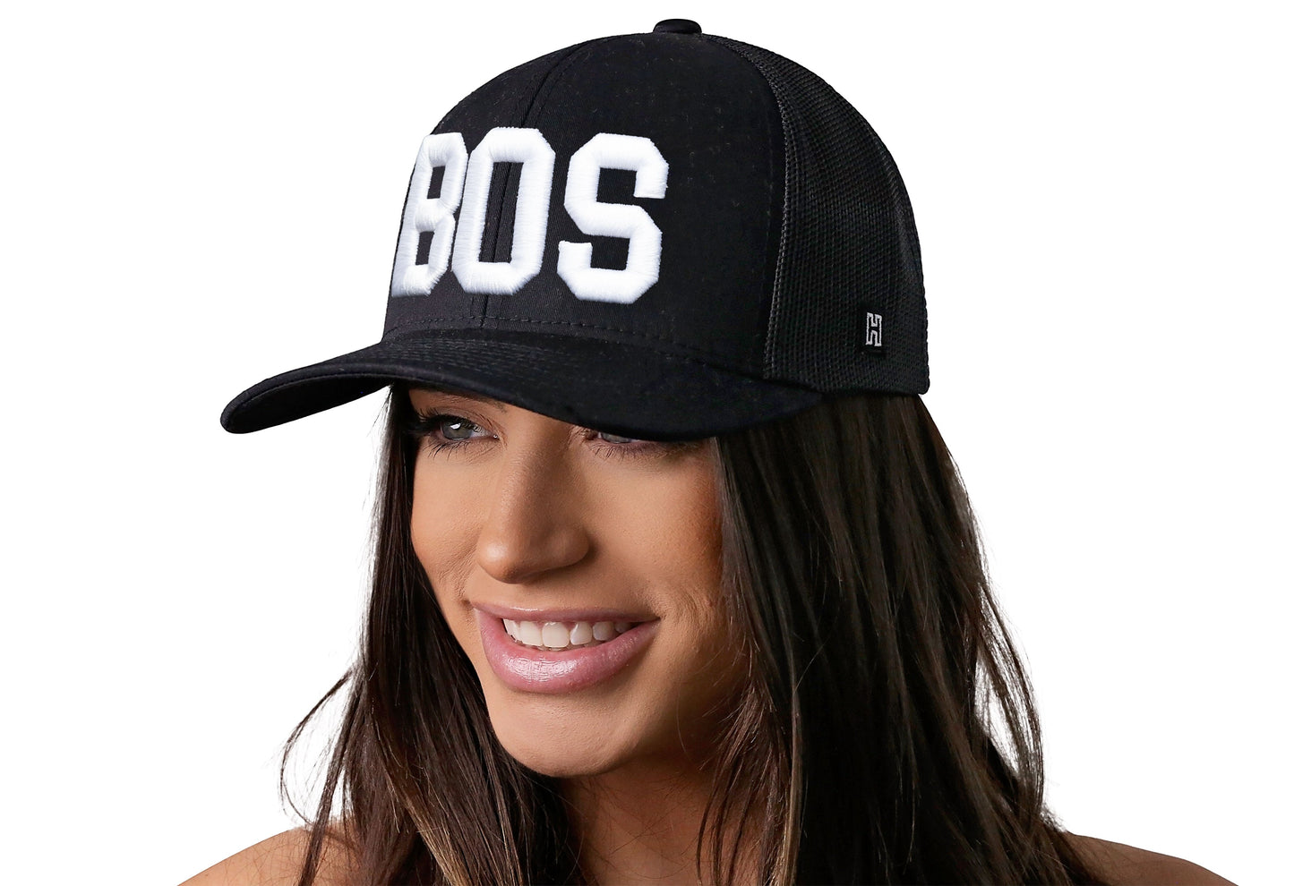 Boston White Block Trucker Haka Hat Black Massachusetts Snapback