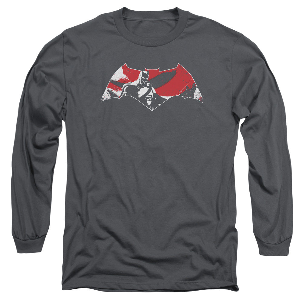 Batman V Superman Armor Splatter Logo Mens Long Sleeve Shirt Charcoal