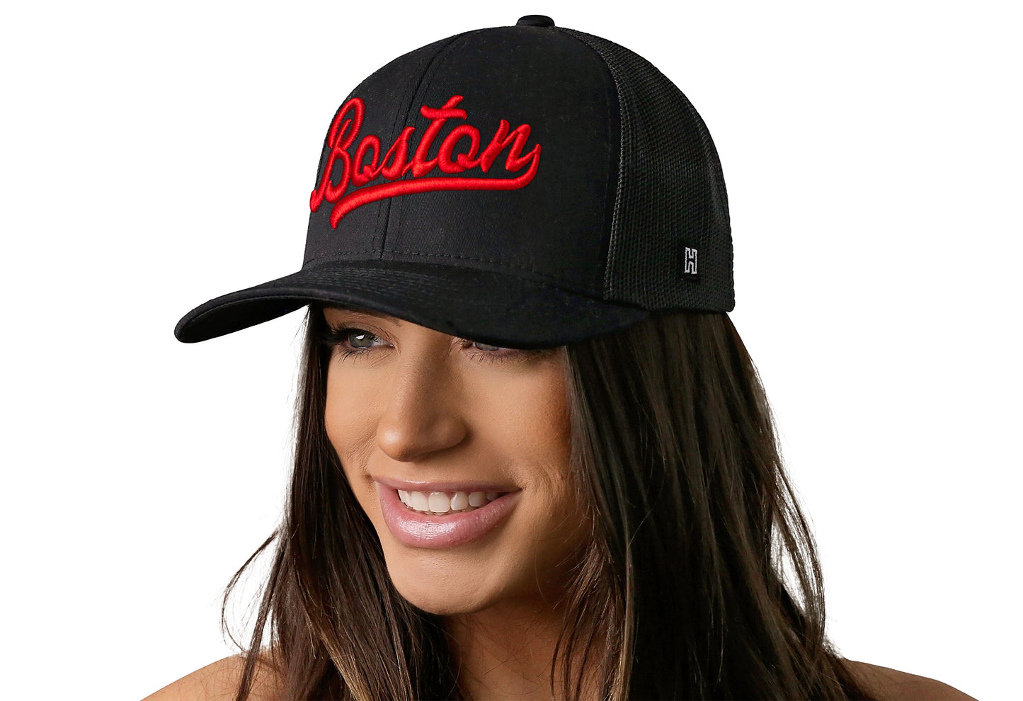 Boston Red Script Trucker Haka Hat Black Massachusetts Snapback