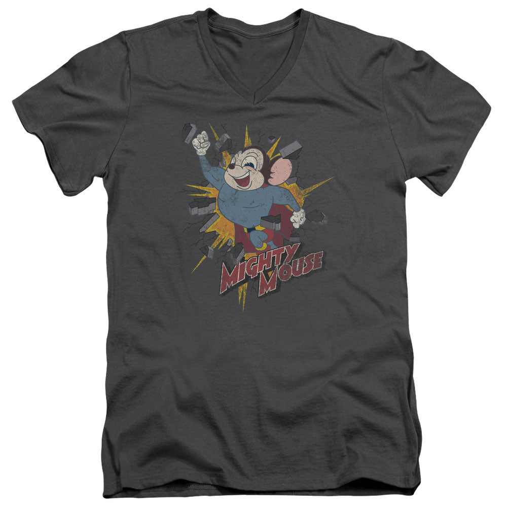 Mighty Mouse Break Through Mens Slim Fit V-Neck T Shirt Charcoal