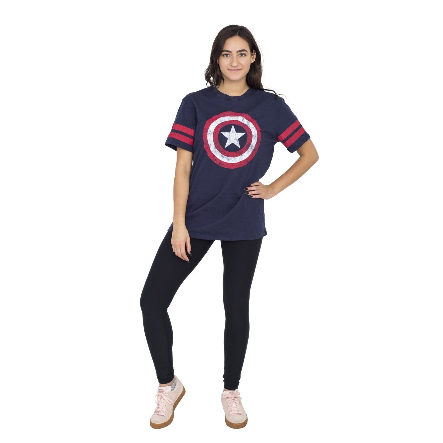 Captain America Distressed Shield Striped Sleeves T Shirt