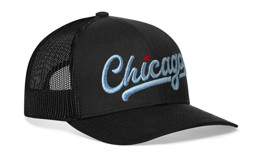 Chicago Light Blue Script Trucker Haka Hat Black Illinois Snapback