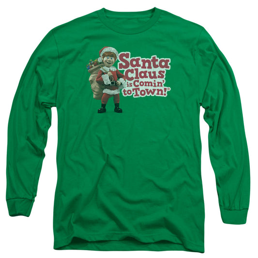 Santa Claus Is Comin To Town Santa Logo Mens Long Sleeve Shirt Kelly Green Officially Licensed
