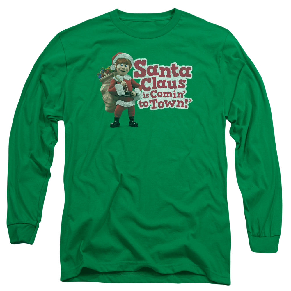 Santa Claus Is Comin To Town Santa Logo Mens Long Sleeve Shirt Kelly Green Officially Licensed