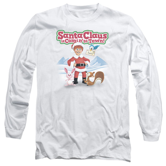 Santa Claus Is Comin To Town Animal Friends Mens Long Sleeve Shirt White Officially Licensed