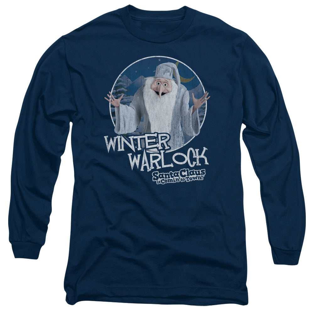 Santa Claus is Comin to Town Winter Warlock Mens Long Sleeve Shirt Navy Blue Blue