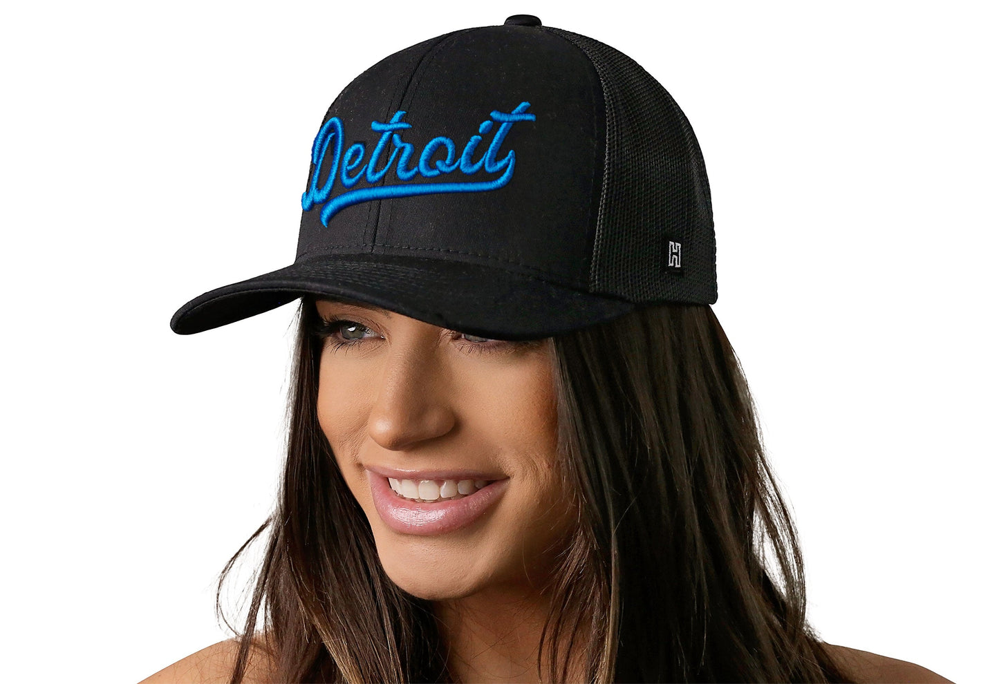 Detroit Blue Script Trucker Haka Hat Black Michigan Snapback