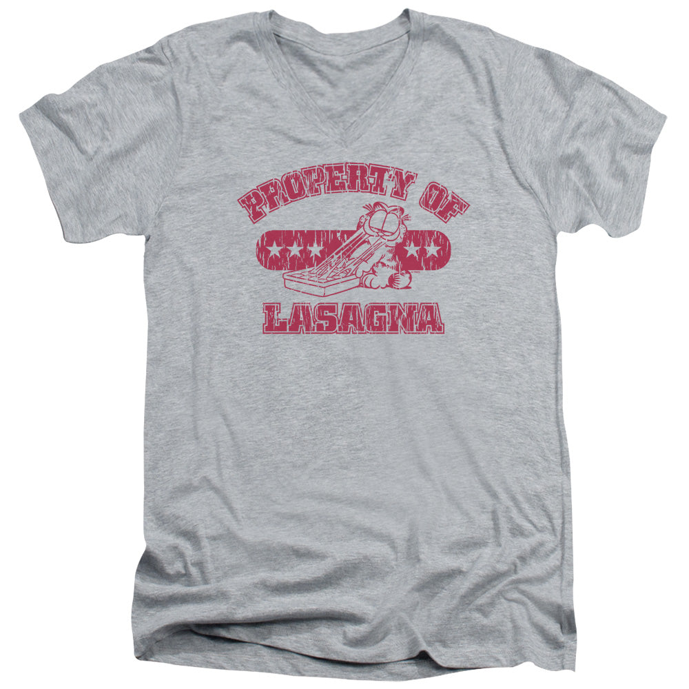 Garfield Property of Lasagna Mens Slim Fit V-Neck T Shirt Athletic Heather