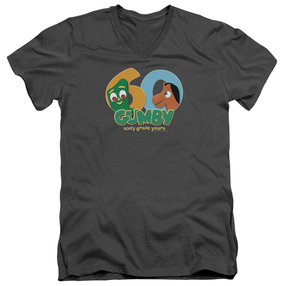 Gumby 60th Mens Slim Fit V-Neck T Shirt Charcoal
