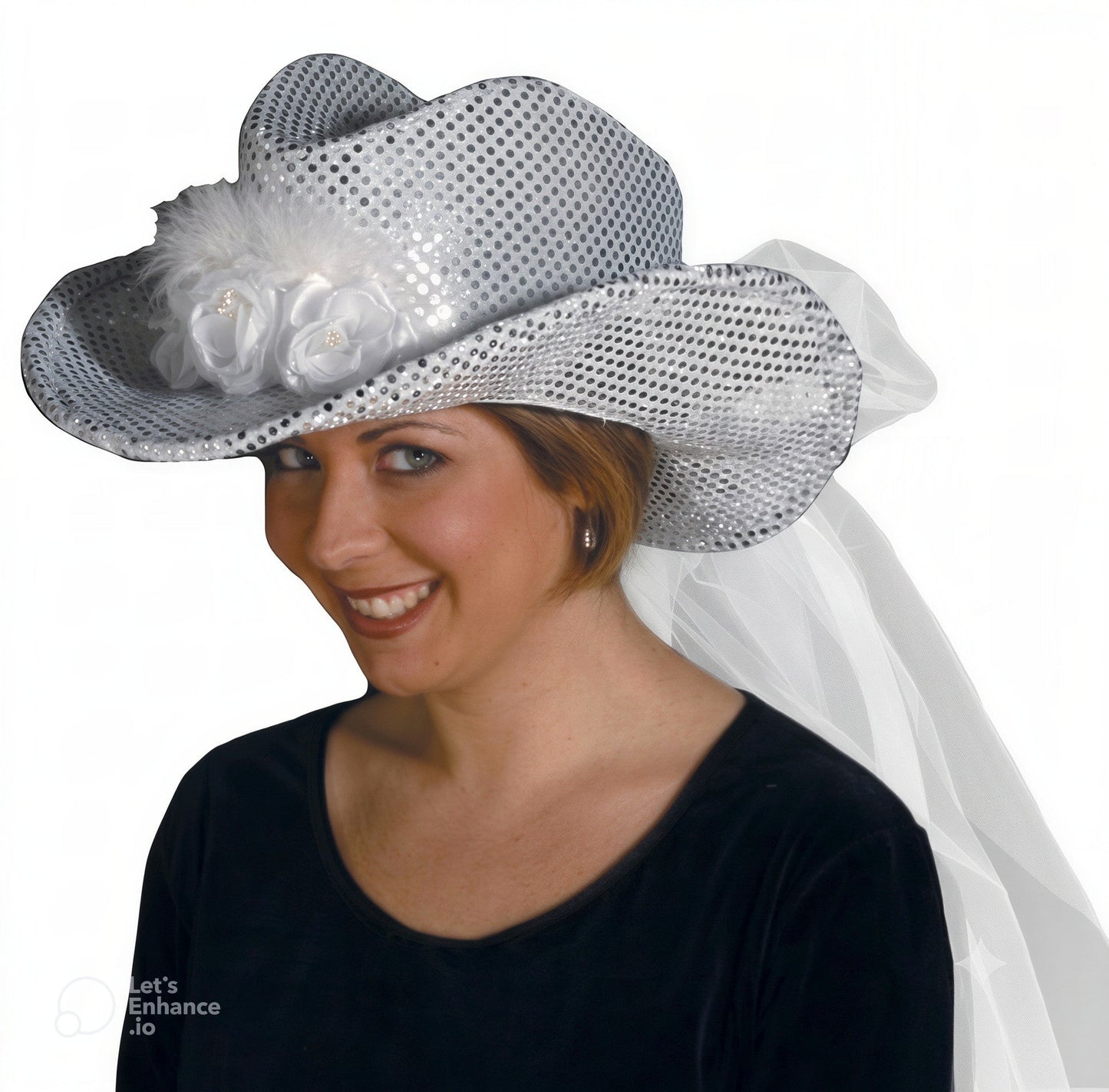 Silver Sequin Cowgirl Bride Hat with Veil Adult Bachelorette Party Accessory
