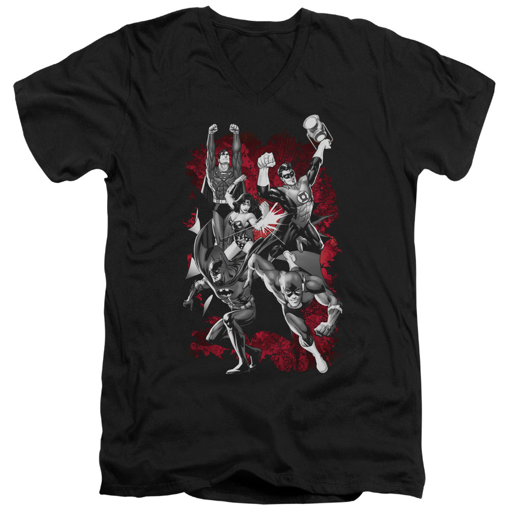 Justice League Justice League Explosion Mens Slim Fit V-Neck T Shirt Black