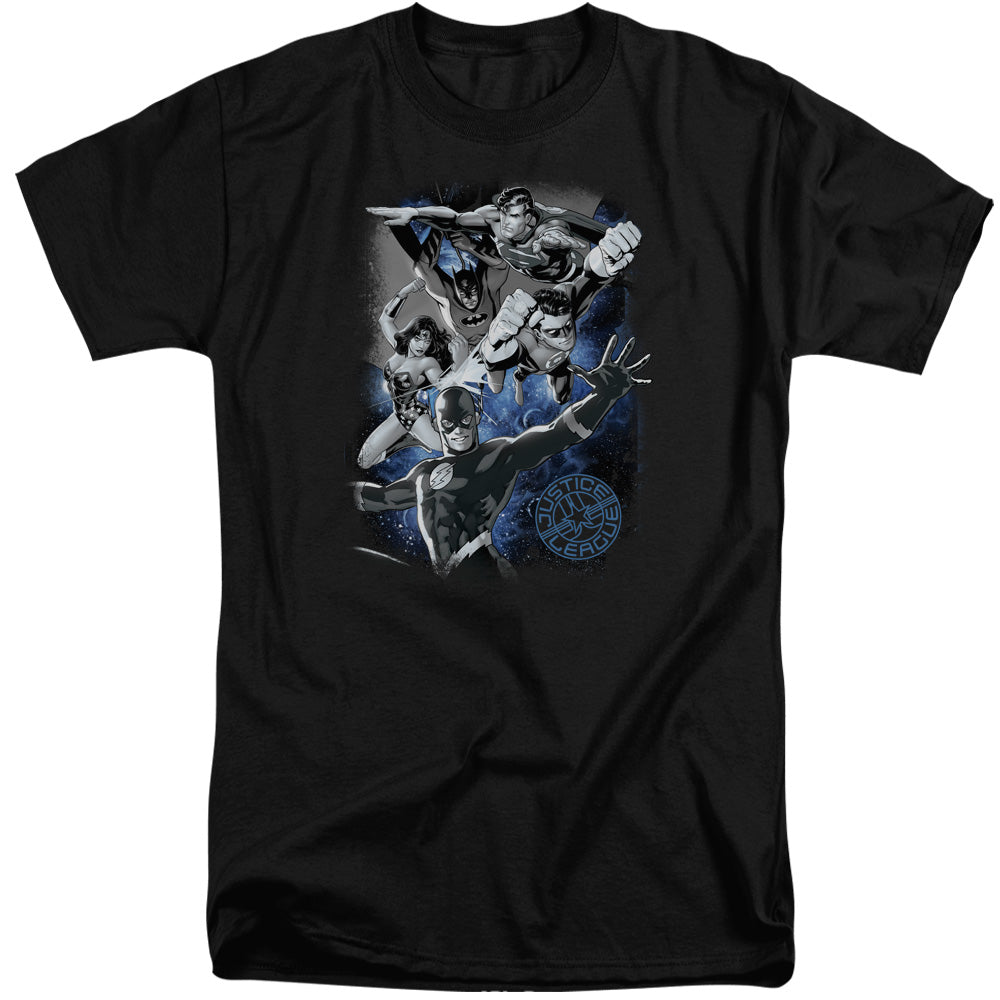 Justice League Galactic Attack Nebula Mens Tall T Shirt Black