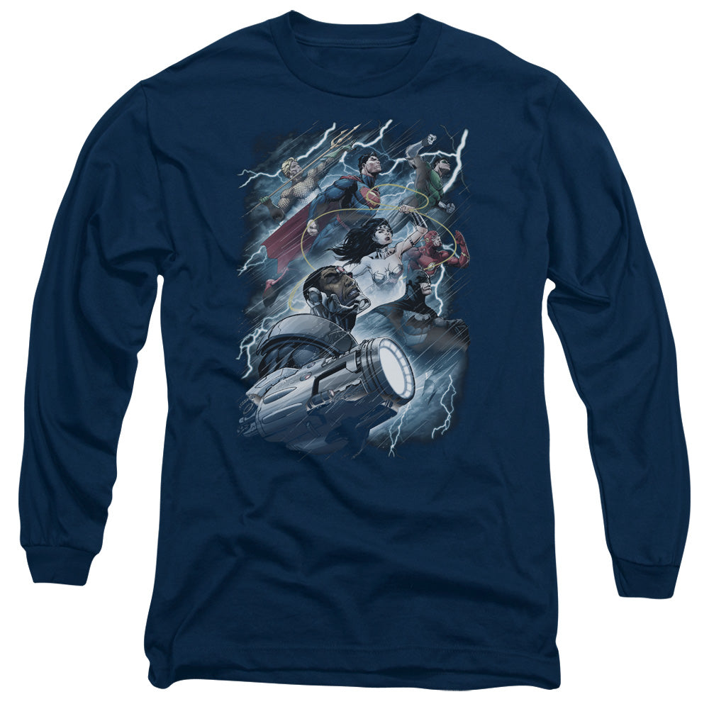 Justice League Ride the Lightening Mens Long Sleeve Shirt Navy Blue