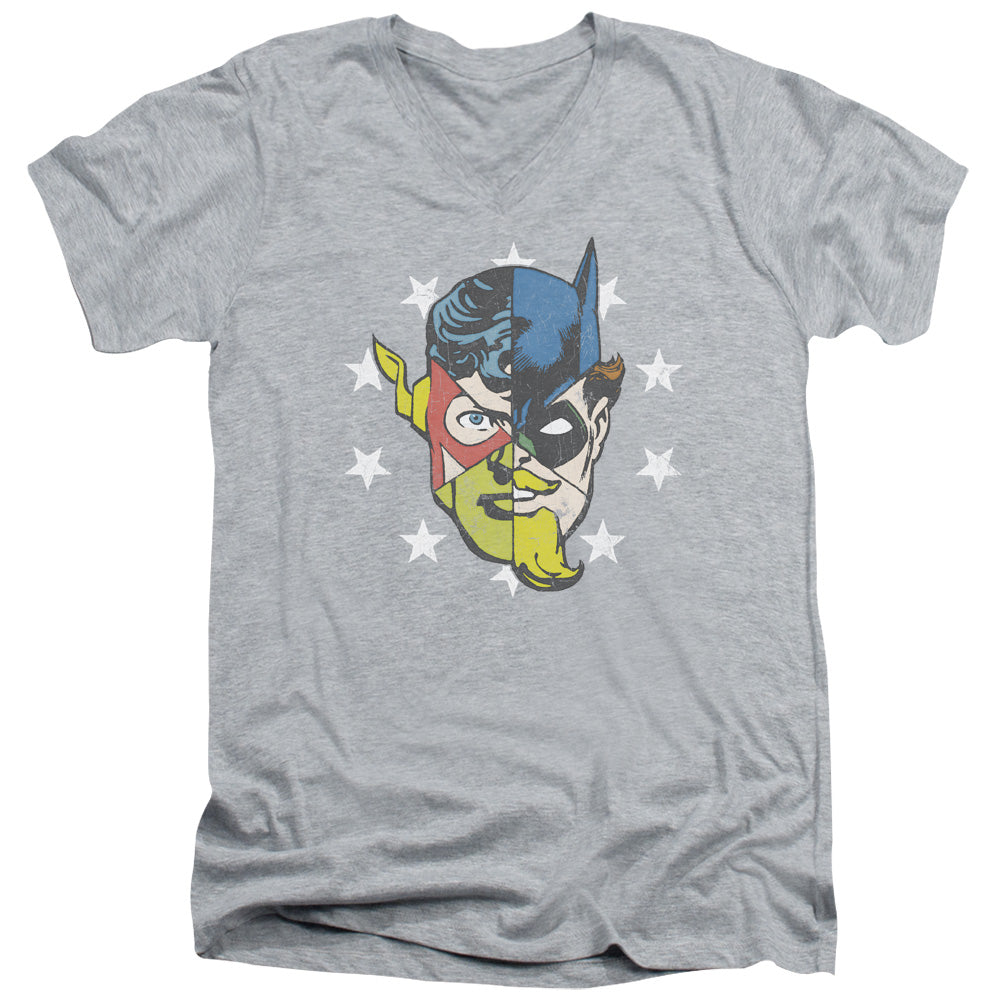 Justice League Face Off Mens Slim Fit V-Neck T Shirt Athletic Heather