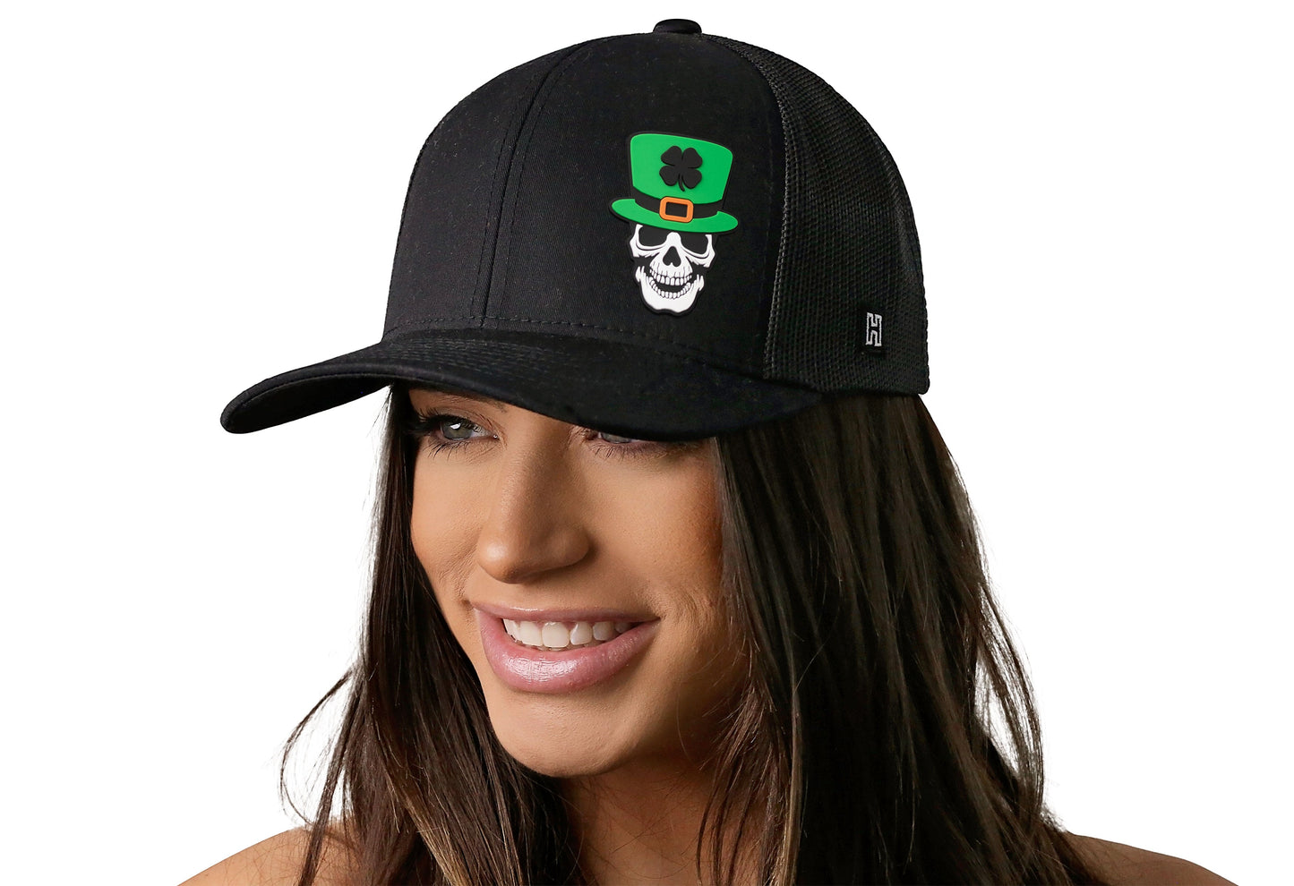 Leprechaun Skull Trucker Haka Hat Black Rubber Patch Snapback