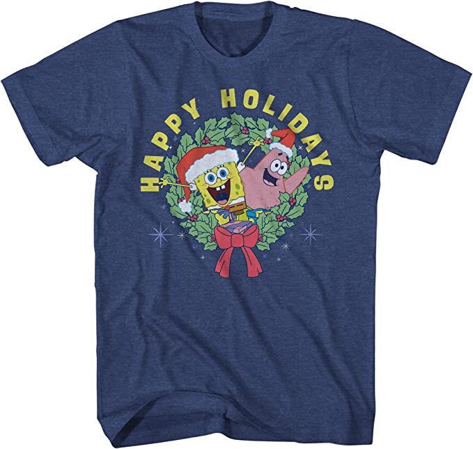 Mad Engine SpongeBob and Patrick Wreath Joy Happy Holidays Short Sleeve Christmas T Shirt