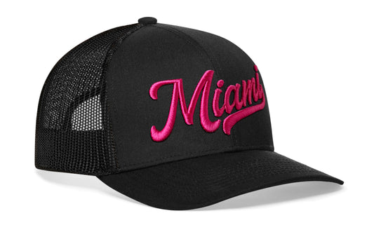 Miami Hot Pink Script Trucker Haka Hat Black Florida Snapback